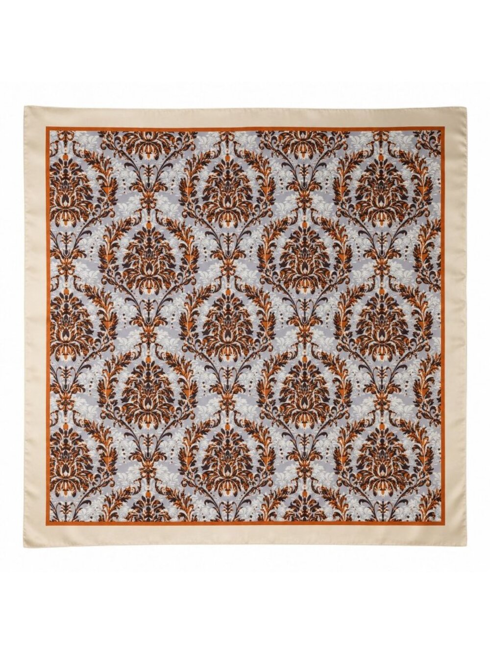 Cream Gray Rust Damask Wild Rag Scarf 35x35 Satin Polyester Western Cowgirl